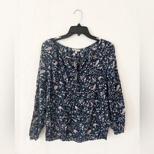 Lucky Brand Women’s Small Blue Floral Long Sleeve Drawstring V Neck Shirt Top
